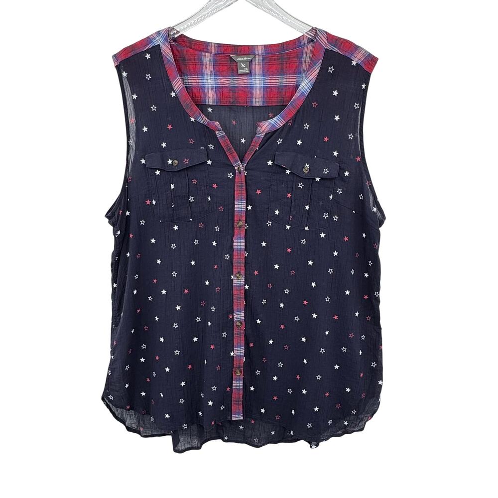 Eddie Bauer tank top women's 2XL plaid stars button front red white blue tunic